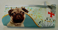 PugSpeak Cosmetic 12 is a cute pug cosmetic bag measures 10.00" wide X 4.50" high (25.40 X 11.43 cm) and features a fun aqua, black, and lime green retro backdrop, silver back and trim, and zipper with cute dog bone.