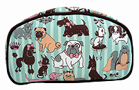 Pug Cosmetic Bag 3 is from the Fluff Doggy Boudoir series - features a multitude of breeds including Pugs, Bulldogs, Shih Tzus, and Poodles on an  aqua blue striped background! Measures 8.00" X 4.50" (20.32 x 11.43 cm). 