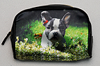 Boston Cosmetic 14 - Black cosmetic bag with zippered closure features a cute Boston Terrier on a grassy green background. Measures 6.50" X 4.75" (16.51 X 12.065 cm).