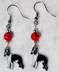 Boston Earrings 1 features lipstick red flowered Lampwork beads set off cute enamel black and white Boston Terrier charms. 