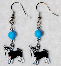 Chihuahua Earrings 1 features genuine Turquoise beads are paired with adorable black and white enamel Chihuahua charms. 