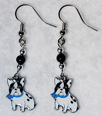 French Bulldog Earrings 1 features genuine Onyx beads are paired with adorable black and white enamel French Bulldog charms. The Frenchies sport a blue collar.
