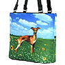 Greyhound Handbag 1 - This Microfiber Greyhound bucket handbag features a beautiful Greyhound against a blue sky and green grass background. Measures 10.50" X 9.50" (26.67 X 24.13 cm).