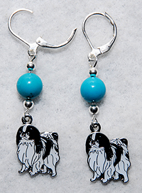 Japanese Chin Earrings 2 features genuine Turquoise beads are the perfect compliment for our lever-backed earrings with black and white Japanese Chin charms. 