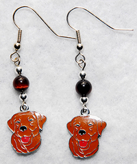 Chocolate Lab Earrings 1 features genuine Tiger Eye Jasper beads are paired with chocolate Labrador enamel charms. The Jasper has a deep burgundy hue.