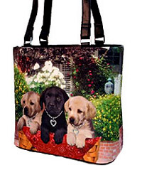 Lab Puppies Purse 1 is a Microfiber Lab bucket handbag featuring cute Lab puppies against a flowered backdrop. Measures 10.50" X 9.50" (26.67 X 24.13 cm).