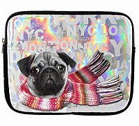 Pug Ipad Sleeve measures 9.75" X 7.50" (24.765 X 19.05 cm) and features silver metallic front with black Neoprene back, and adorable pug wrapped in a scarf. Faux fur lining and zippered closure.