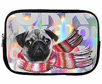 Pug Kindle Fire Sleeve measures 8" X 5.25" (20.32 X 13.335 cm). Silver metallic front with black Neoprene back, and adorable pug wrapped in a scarf. Faux fur lining and zippered closure.