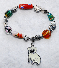 Pug Bracelet 2 Features Lampwork and Czech Beads With Fawn Enamel Pug Charm.