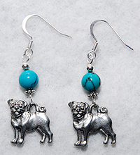 Pug Earrings 1 - Genuine Turquoise beads with silver pewter pug charms. Perfect for those who prefer light-weight dangles.