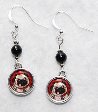 Pug Earrings 8 - Silver plated earwires and genuine faceted Onyx compliment our fawnPug charms with red background. 