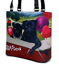 Pug Purse 10 features two black pugs celebrating Just Married with balloons as a backdrop on this pug Microfiber bucket handbag. This pug handbag also features generous shoulder straps and measures 10.50" X 9.50" X 4.00" (26.67 X 24.13 X 10.16 cm)