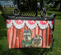 PugSpeak Pug Purse 14 is a roomy Microfiber handbag features a Pug in a cap with a Schnauzer on a red background and measures 13.50" X 8.50" (34.29 X 21.59 cm). This pug handbag offers generous shoulder straps.