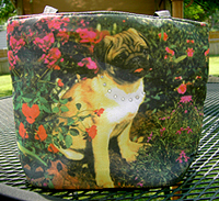 Pug Purse 18 is a Microfiber mini flowered pug purse is perfect when you just want to carry keys and a cell phone.This pug purse measures 9.00" X 3.75" X 7.50" (22.86 X 9.65 X 19.05 cm). 