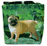 Pug Purse 20 is a Microfiber pug bucket handbag features a beautiful fawn pug on a leafy green background and offers generous shoulder straps. This pug purse measures 11.50" X 9.50" X 4.50" (29.21 X 24.13 X 11.43 cm). 