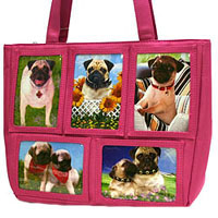 Pug Handbag 21 is a Microfiber pug handbag/tote features slots for your own photos or use the enclosed pug photos. This pug purse comes in pink or fuchsia (please indicate color choice in the PayPal Instructions box) and measures 14.50" X 11.00" (36.83 X 27.94 ). 