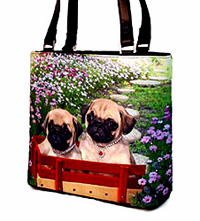 Pug Purse 7 features pug puppies sitting in a red wagon against a flowered backdrop on this Microfiber bucket pug handbag. This roomy bag with generous shoulder straps measures 10.50" X 9.50" X 4.00" (26.67 X 24.13 X 10.16 cm)
