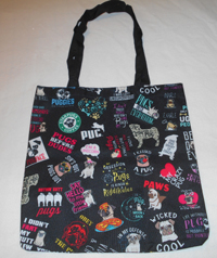 Pug Tote O This pug purse/tote measures 15.25" X 15.25" (38.735 X 38.735 cm) and is large enough to carry books and/or tablet! A cute Pug motif on a blackground and black shoulder straps