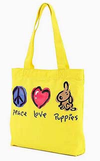 Dog Tote 34 is a fun tote for any dog lover. Bright yellow with Peace, Love and Puppies. Measures 13.50" X 13.50" X 2.50"(34.29 X 34.29 X 10.16 cm). Large enough to carry books, this canvas tote features interior pockets and zippered closure.