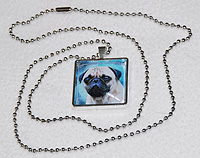 Pug Necklace 9 - Square pendant with fawn Pug on blue background.