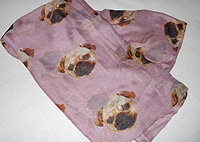 Pug Scarf 10 - This scarf is mauve and features fawn Pugs and measures a generous 70" X 36" (177.8 CM X 91.44 CM) and can double as a shawl. 