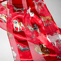 PugSpeak Pug Scarf 6 - This long scarf comes in bright red and features many breeds including Pugs, Chows, Afghan Hounds, Bichons, Poodles, and Boxers. Measuring 58' long X 13" wide (147.32 X 33.02 cm).