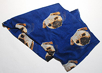 Pug Scarf 8 - This scarf is navy blue and features fawn Pugs and measures a generous 70" X 36" (177.8 CM X 91.44 CM) and can double as a shawl. 