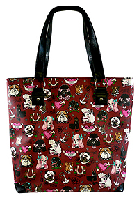 Pug and Pet Tote F From Fluff's Tattoo Series - this roomy ruby red tote features cute retro pooches including pugs. Tote is screen printed on vegan friendly faux leather and includes an interior zipper and cell phone pockets! I have used this bag a number of times and can say it's durable, well made, and holds a lot.