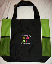Pug Tote C Pug Tote C in lime green is constructed with sturdy 600-Denier (ripstop poly) fabric and is large enough to carry books, files, magazines, or gym gear. This pug tote bag also features adjustable shoulder straps, a zippered closure, two water bottle compartments, two pen holders, a large back pocket and embroidered pug with palm tree.