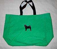 PugSpeak Pug Tote L features an embroidered black Pug on a Kelly green background. This tote is made in durable twill/denim fabric and offers two black straps and two inner compartments. Measures 18.00" X 12.00" (45.72 X 30.48 cm).