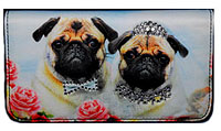 Pug Wallet 15. - Matches Pug Purse 15. <em>Microfiber</em> and faux leather checkbook tri-fold style with with bride and groom Pugs on light blue background and flowers,12 slots and five full interior compartments and outer zippered coin compartment. Measures 7.50" X 4.00" (19.05 X 10.16 cm) 